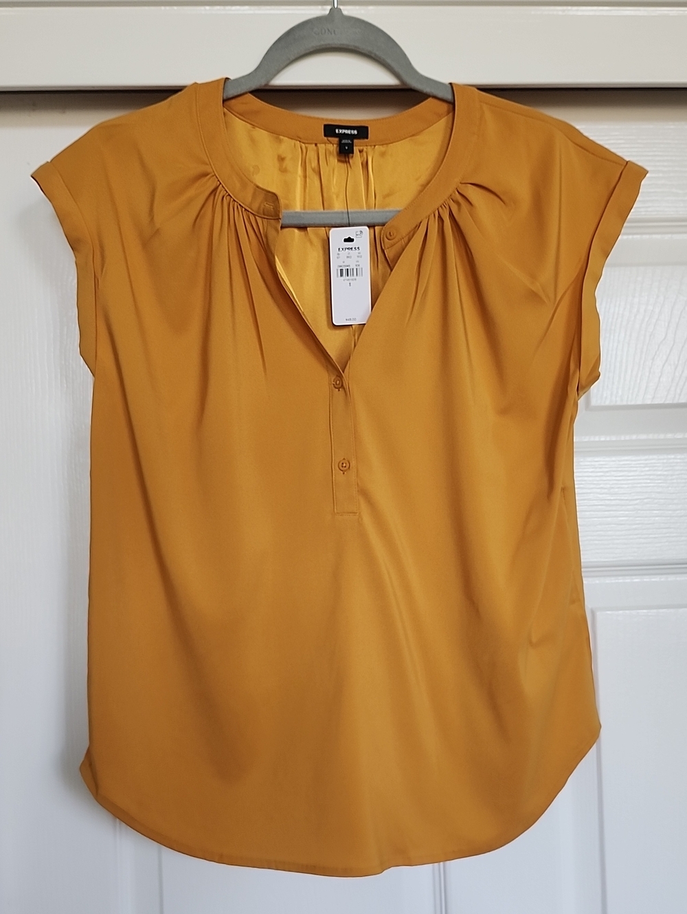 NEW Express Mustard Cap-Sleeve Henley Blouse.